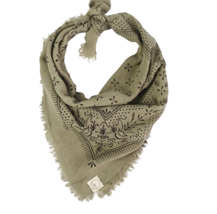 Classic Patterned Raw Silk Bandana / Sage Grey